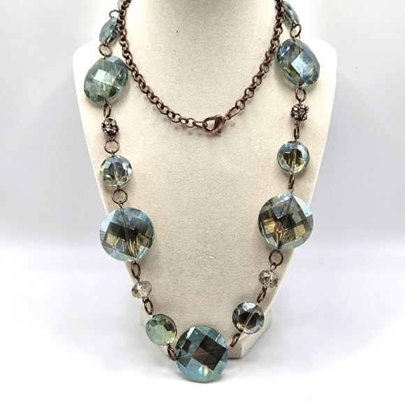 VINTAGE Stunning Green Faceted Glass Rhinestone Ball Long Statement Necklace - Picture 2 of 9